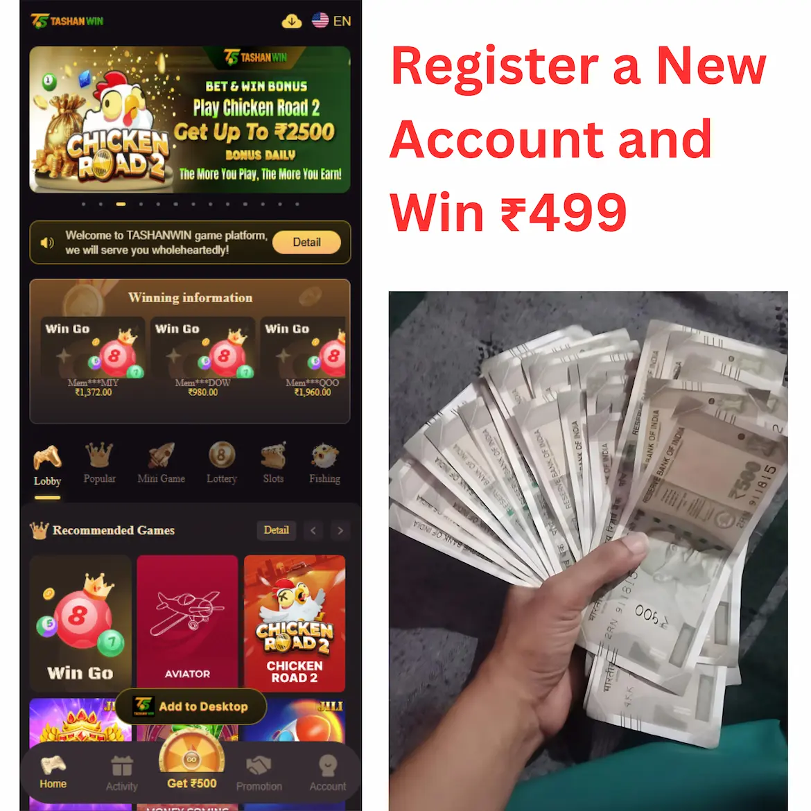 Register a new account and win ₹499 bonus Tashan Win Game